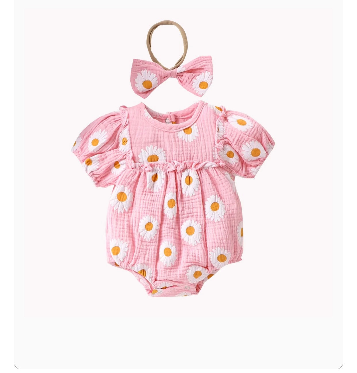 Daisy Whispers – Baby Girl Bubble Sleeve Lace Romper