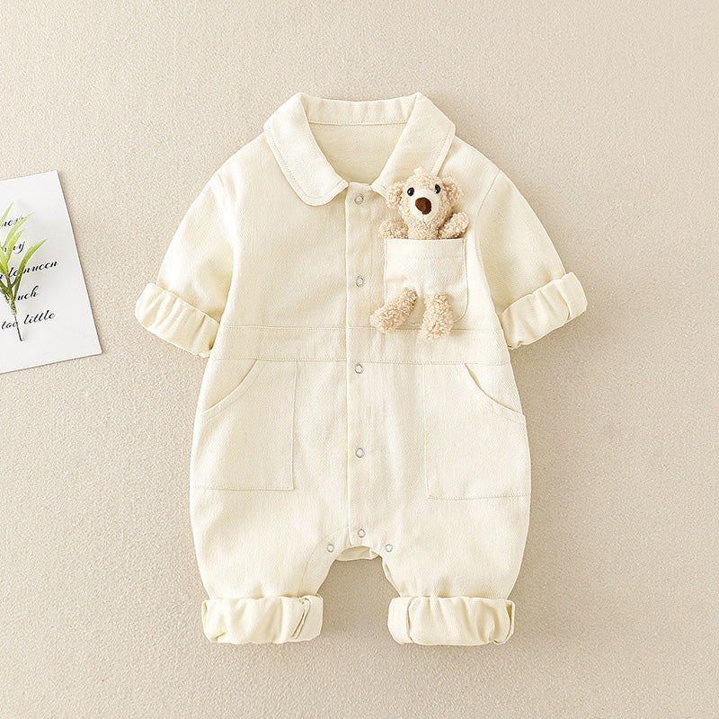 BearBuddy Denim – Spring Cartoon Pocket Romper for Babies
