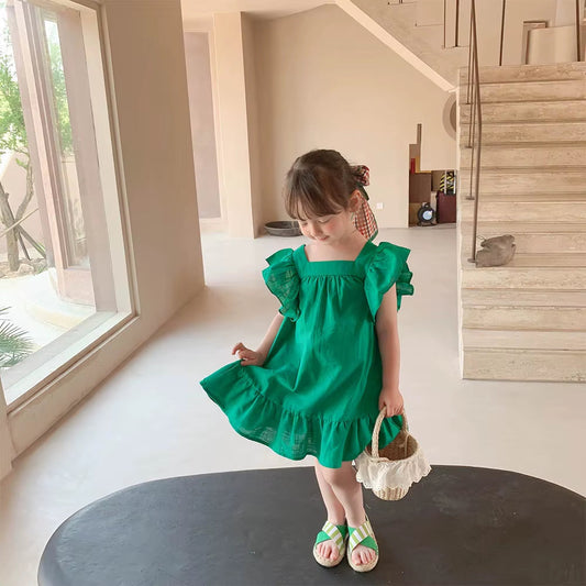 BreezeBloom – Ruffled Flying Sleeve A-Line Dress with Back Bow